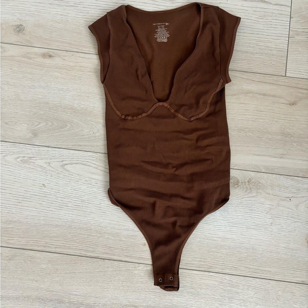 Free People Brown Ribbed V-Neck Bodysuit